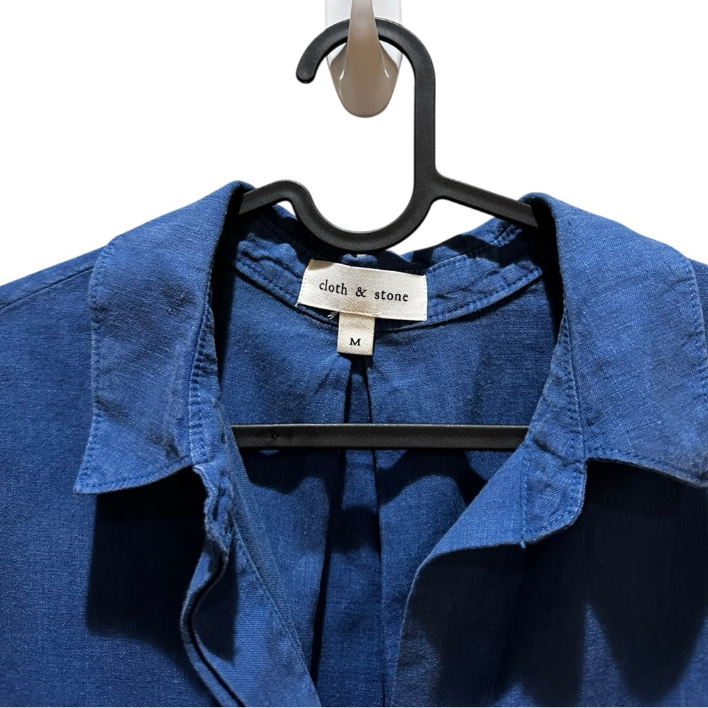 Cloth & Stone Anthropologie Blue Linen Button-Up Shirt Collared - Picture 3 of 4
